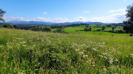 Aufkleber - Breathtaking Landscape of Rolling Green Fields Under a Bright Blue Sky with Fluffy Clouds : Generative AI