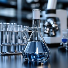 Aufkleber - A glass beaker filled with blue liquid sits on a table next to a microscope