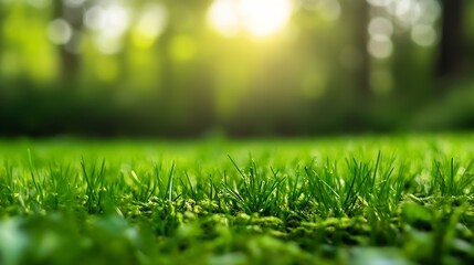 Leinwandbilder - Lush green grass carpet under soft sunlight in a blurred forest setting creating a serene natural landscape : Generative AI