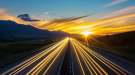 Poster - Dynamic sunset shot of a busy highway with light trails creating a stunning visual effect of movement : Generative AI