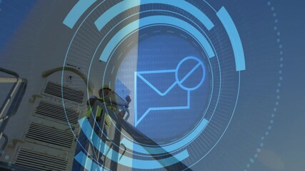 Poster - Digital envelope icon and binary code animation over construction workers on site