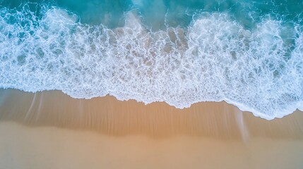 Poster - Aerial view of ocean waves crashing onto sandy beach creating a natural seaside scene : Generative AI