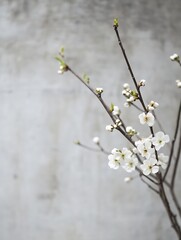 Poster - Delicate white cherry blossom branches against a textured grey wall adding a touch of elegance to any space : Generative AI