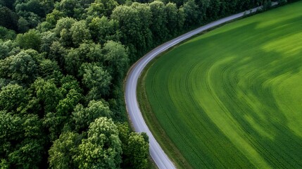 Poster - Aerial Shot of a Winding Road Surrounded by Lush Green Fields and Dense Forest : Generative AI