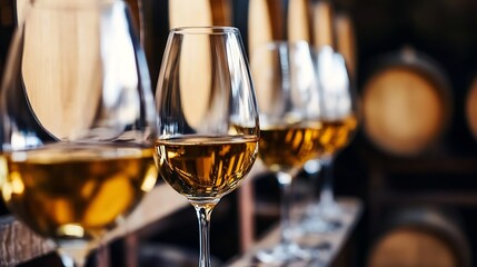 Poster - Glasses of golden wine arranged elegantly with barrels in a cellar showcasing fine beverages : Generative AI