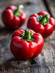 Poster - Fresh and Vibrant Red Bell Peppers on a Rustic Wooden Table for Culinary Delight : Generative AI