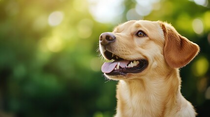 Poster - Cute golden retriever dog sitting outdoors showcasing a joyful expression under sunlight in a garden : Generative AI