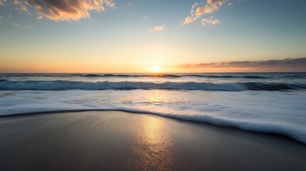Poster - Beautiful serene beach at sunset with gentle waves and colorful sky reflections : Generative AI
