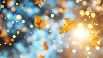 Poster - Beautiful autumn leaves falling gently with a soft illuminated background creating a dreamy atmosphere : Generative AI