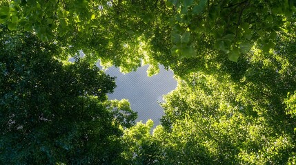 Fototapete - Aerial view of lush green treetops creating a natural frame for a bright blue sky : Generative AI