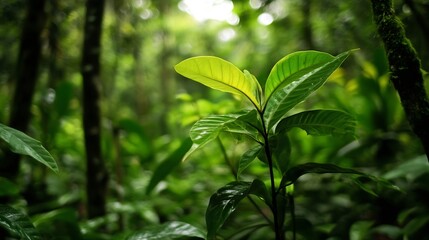 Aufkleber - Lush green leaves captured in a dense tropical forest with a soft light filtering through creating an enchanting ambiance : Generative AI