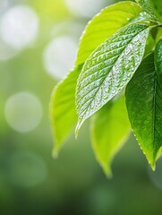 Aufkleber - Vibrant green leaves glistening with dew in a soft sunlit backdrop evoking a fresh spring ambiance : Generative AI