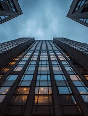 Poster - Dramatic upward view of modern skyscrapers against a moody sky creating a sense of scale : Generative AI