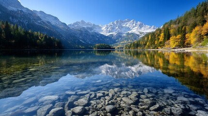 Poster - Breathtaking mountain landscape reflecting in a tranquil lake with autumn colors showcasing nature's beauty : Generative AI