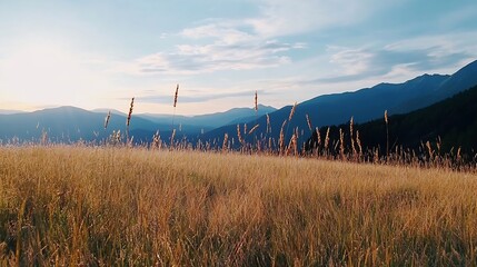 Poster - Golden Grass Field Bathed in Soft Sunset Light Against Majestic Mountain Range : Generative AI