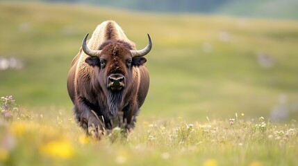 Aufkleber - A majestic bison gracefully walking through a colorful field of wildflowers under a clear blue sky : Generative AI