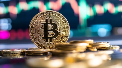 Aufkleber - Shiny gold bitcoin placed on a reflective surface with stock market charts in the background focusing on cryptocurrency : Generative AI