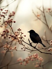 Poster - Majestic black bird perched elegantly among delicate berry branches creating a serene nature scene : Generative AI