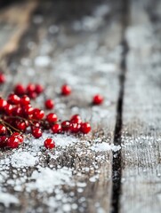 Poster - Vibrant red berries scattered on a rustic wooden table with salt creating a beautiful food scene : Generative AI