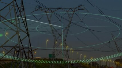 Poster - Digital data processing animation overlaying power lines in technology scene