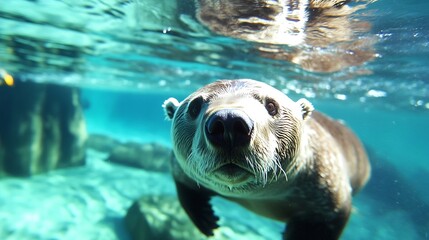 Poster - Curious bear swimming underwater with a charming expression : Generative AI