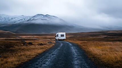 Poster - A white camper van driving along a winding road through the scenic mountain terrain : Generative AI
