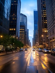 Poster - City street captured at dusk with illuminated buildings and wet pavement reflecting lights : Generative AI