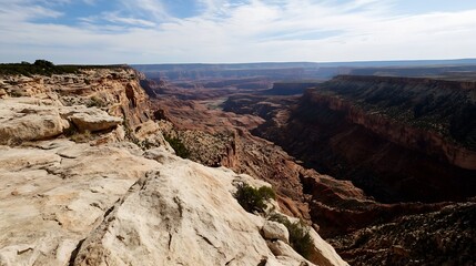 Poster - Breathtaking panoramic view of a vast canyon with rugged rock formations under a bright sky : Generative AI