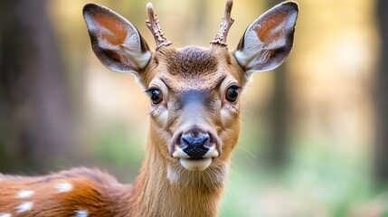 Poster - Charming close up of a young deer with expressive eyes blending into a natural woodland setting : Generative AI