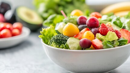 Poster - Fresh and Vibrant Salad Bowl Full of Colorful Vegetables and Fruits Displayed on a Light Kitchen Counter : Generative AI