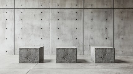 Poster - Three concrete cubes arranged in a minimalist interior, showcasing modern design and industrial aesthetics.
