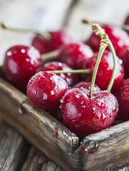 Aufkleber - Fresh juicy cherries glistening with water droplets in a rustic wooden bowl : Generative AI