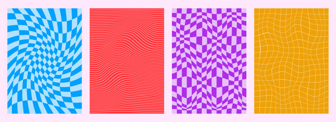 Poster - Lines wave cover design background set. Cover card. Minimalist optical illusion abstract geometric shapes compositions. Banner, cover, card, wallpaper, poster, brochure, leaflet, social media, ad