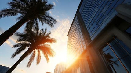 Poster - Glowing sunset behind tall palm trees and modern buildings in an urban environment : Generative AI