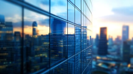 Aufkleber - Cityscape featuring modern skyscrapers reflected on glass buildings during sunset casting a colorful glow in the skyline : Generative AI