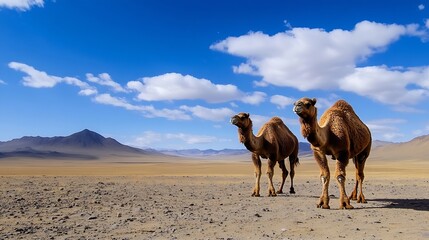 Poster - Two camels standing on a rocky landscape under a beautiful blue sky with scattered clouds in the background : Generative AI