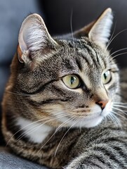 Poster - Closeup shot of a tabby cat with striking green eyes looking curiously while resting on a sofa : Generative AI