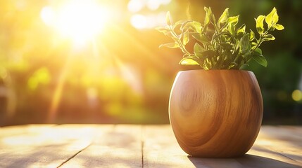 Poster - Beautiful sunlight shining through leaves onto a rustic wooden table with a green potted plant : Generative AI