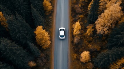Aufkleber - Aerial view of white car driving along a winding road surrounded by autumn colored trees and forest : Generative AI