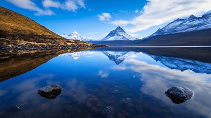 Poster - Majestic mountain range reflected in a calm lake with stunning blue skies and fluffy clouds creating a beautiful landscape : Generative AI