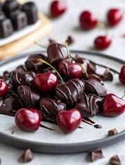 Poster - Delicious chocolate covered cherries artfully arranged for an enticing dessert display : Generative AI