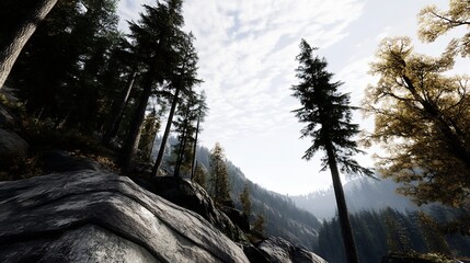 Fototapete - Majestic Pine Trees and Scenic Mountain View Under Soft Sky with Clouds : Generative AI