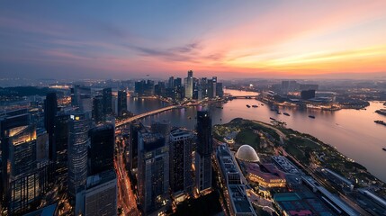 Poster - Stunning Aerial View of a Cityscape at Sunset with Vibrant Colors and Water Reflection : Generative AI
