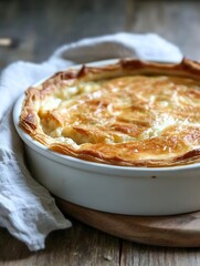 Aufkleber - Delicious golden baked pie fresh from the oven with flaky crust served on a wooden table : Generative AI