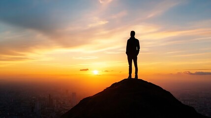 Poster - Person Standing Silhouetted Against a Stunning Sunset Over a City Skyline : Generative AI