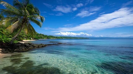 Poster - Serene tropical beach view with transparent water palm trees and a vibrant sky on a sunny day : Generative AI