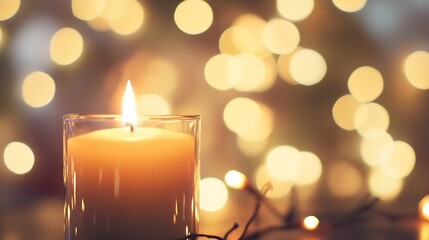 Poster - Candle glowing warmly amidst decorative lights creating a cozy and inviting atmosphere : Generative AI