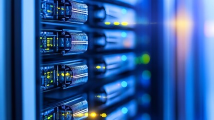 Poster - Close up of modern data servers in a server room with glowing indicators and technology : Generative AI