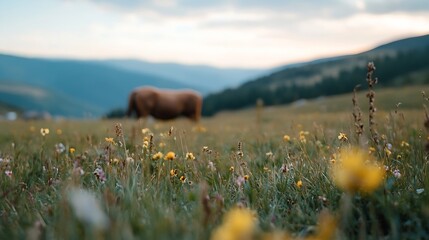 Leinwandbilder - Majestic Horse Grazing in a Beautiful Field Surrounded by Colorful Wildflowers and Rolling Hills : Generative AI