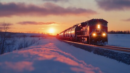 Poster - Freight train carrying cargo cars under a vibrant sunset in a snowy landscape : Generative AI